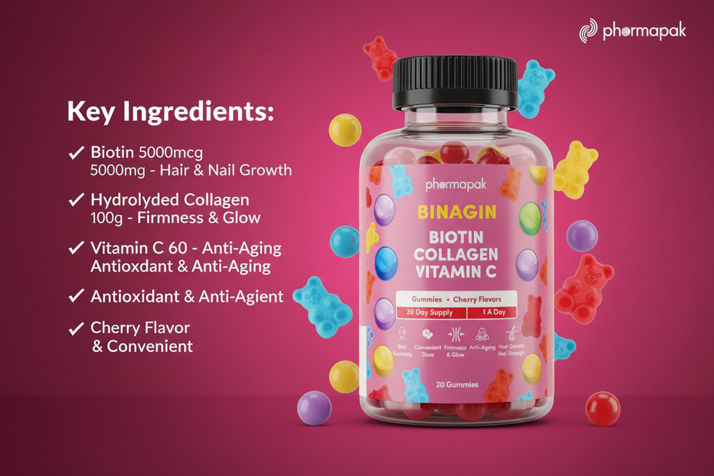 BINAGIN Biotin Collagen Vitamin C Gummies by Pharmapak | Cherry Flavor | Hair, Skin & Nails
