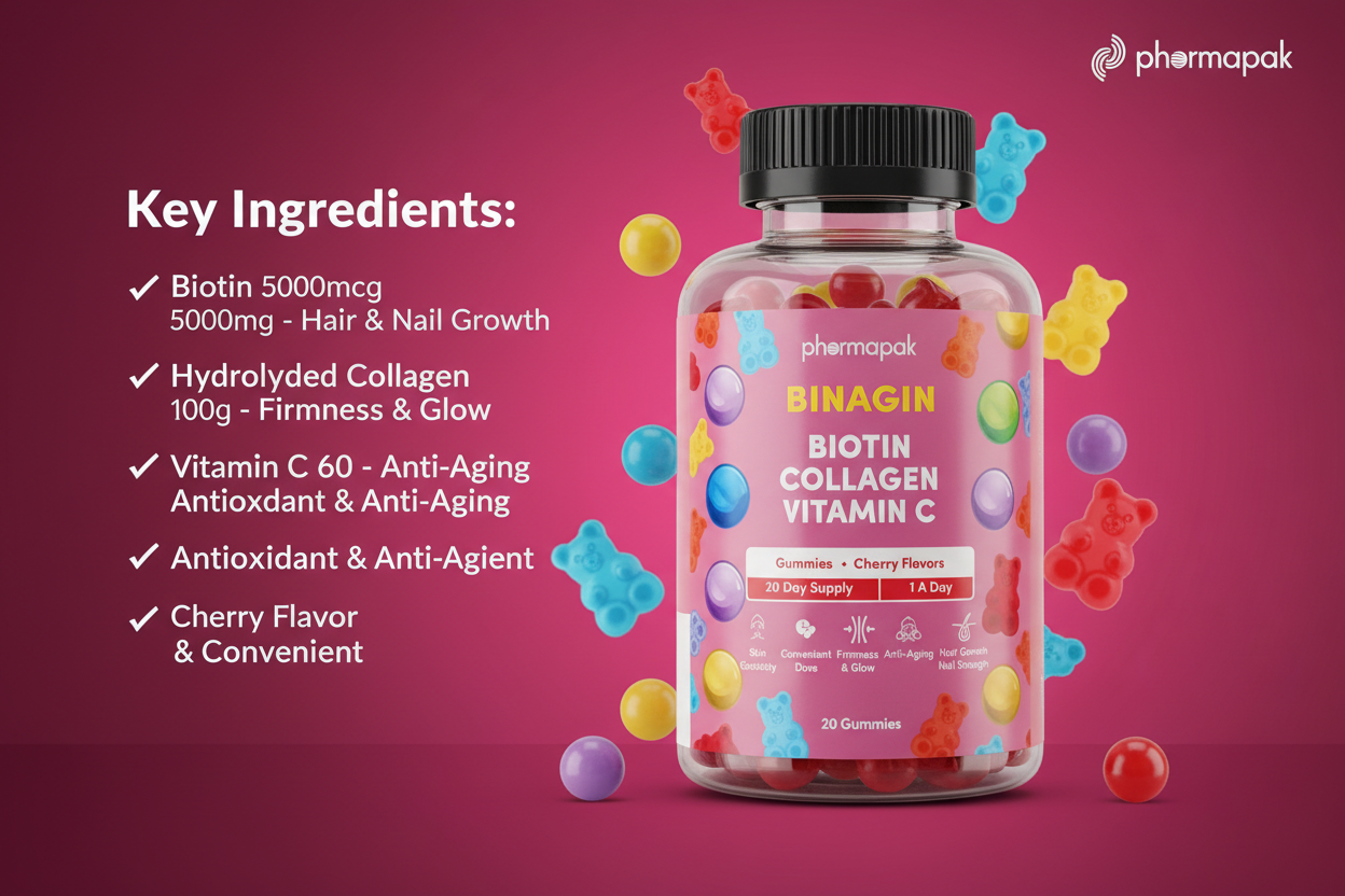 BINAGIN Biotin Collagen Vitamin C Gummies by Pharmapak | Cherry Flavor | Hair, Skin & Nails