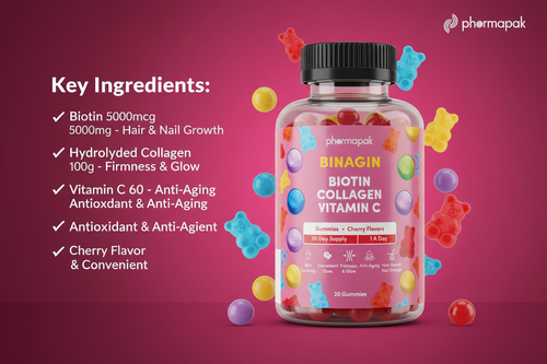 BINAGIN Biotin Collagen Vitamin C Gummies by Pharmapak | Cherry Flavor | Hair, Skin & Nails